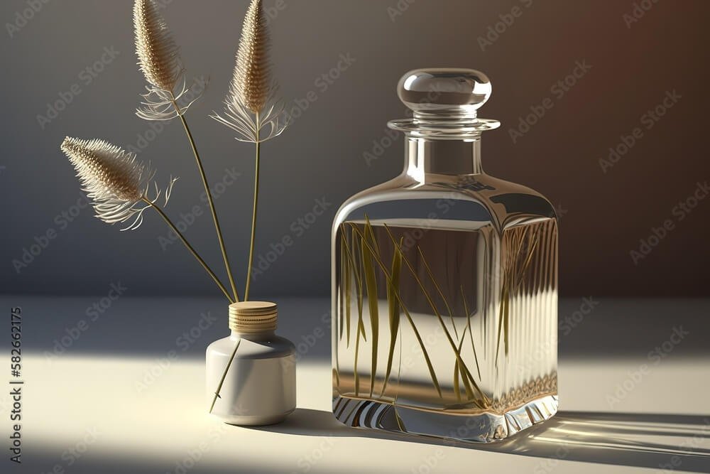 Glass bottle with reed diffusers in sunlight for home fragrance