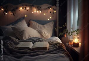 relaxing bedroom at night with open book, pillow and blurred garland lights. Reading in bed indoor background. AI generative image. Generative AI