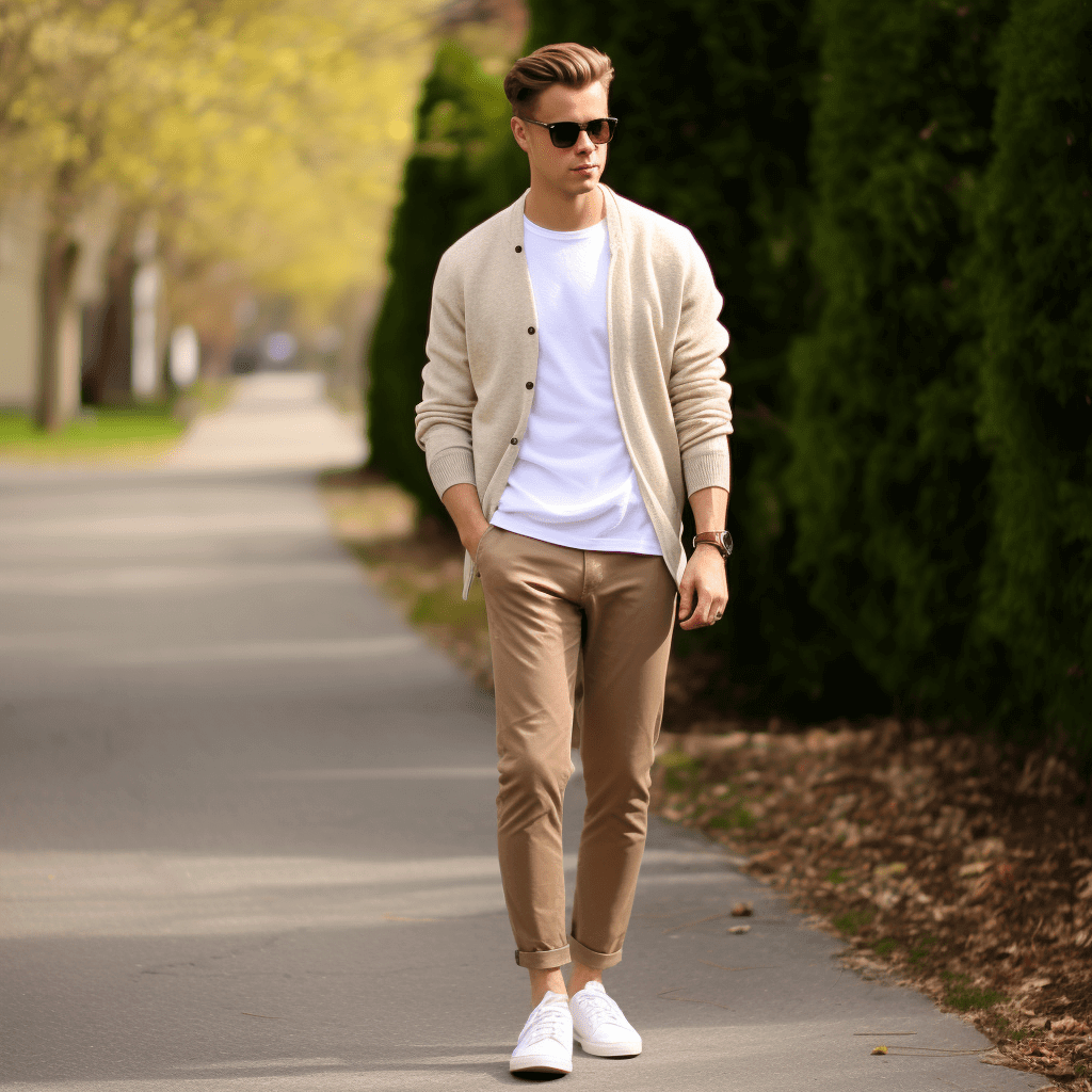 young man style dressed with  preppy aesthetics  light chinos, light sweater cardigan, white sneakers 