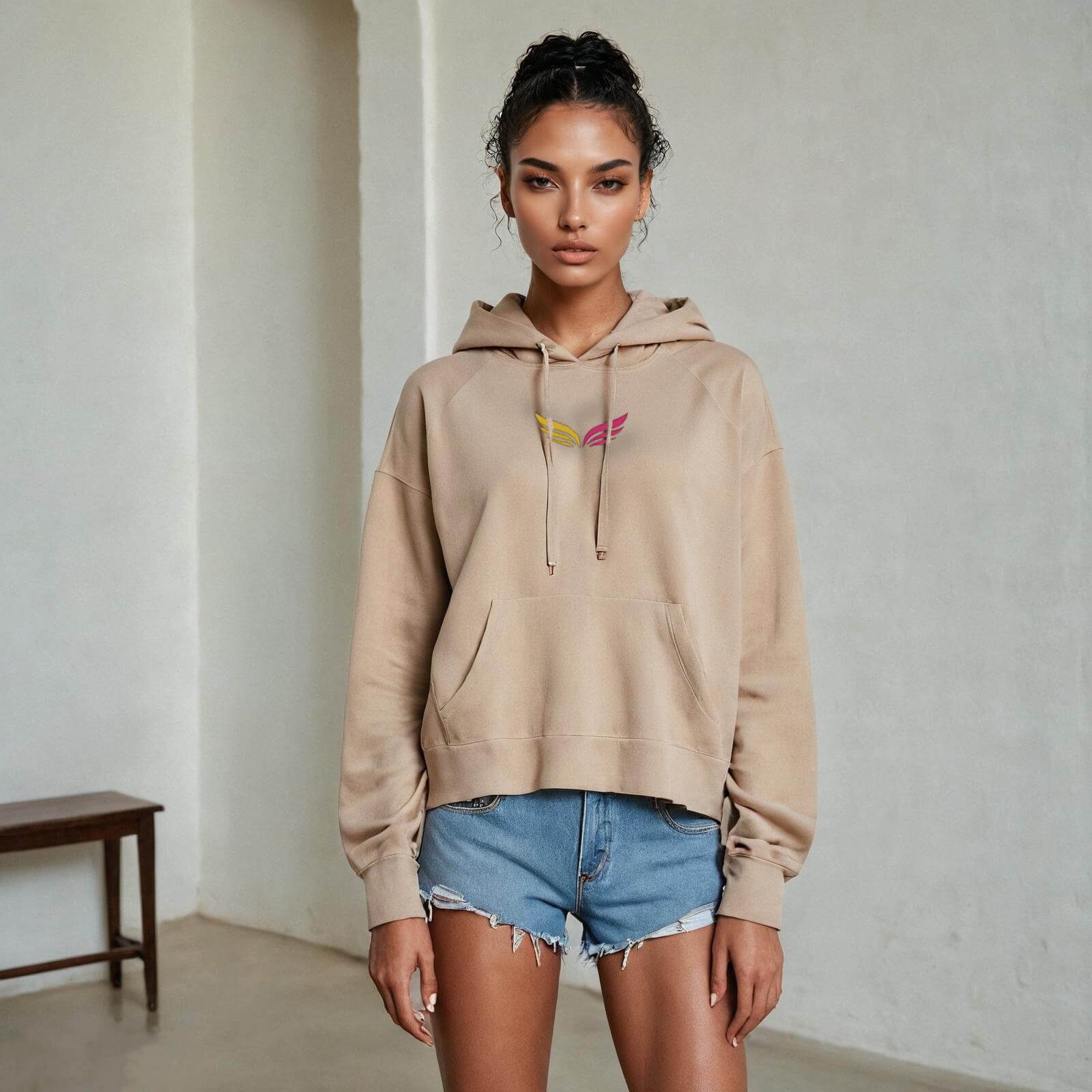 Naala Modelling oversized beige hoodie